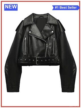 Women's Faux Leather Cropped Moto Biker Jacket with Belt